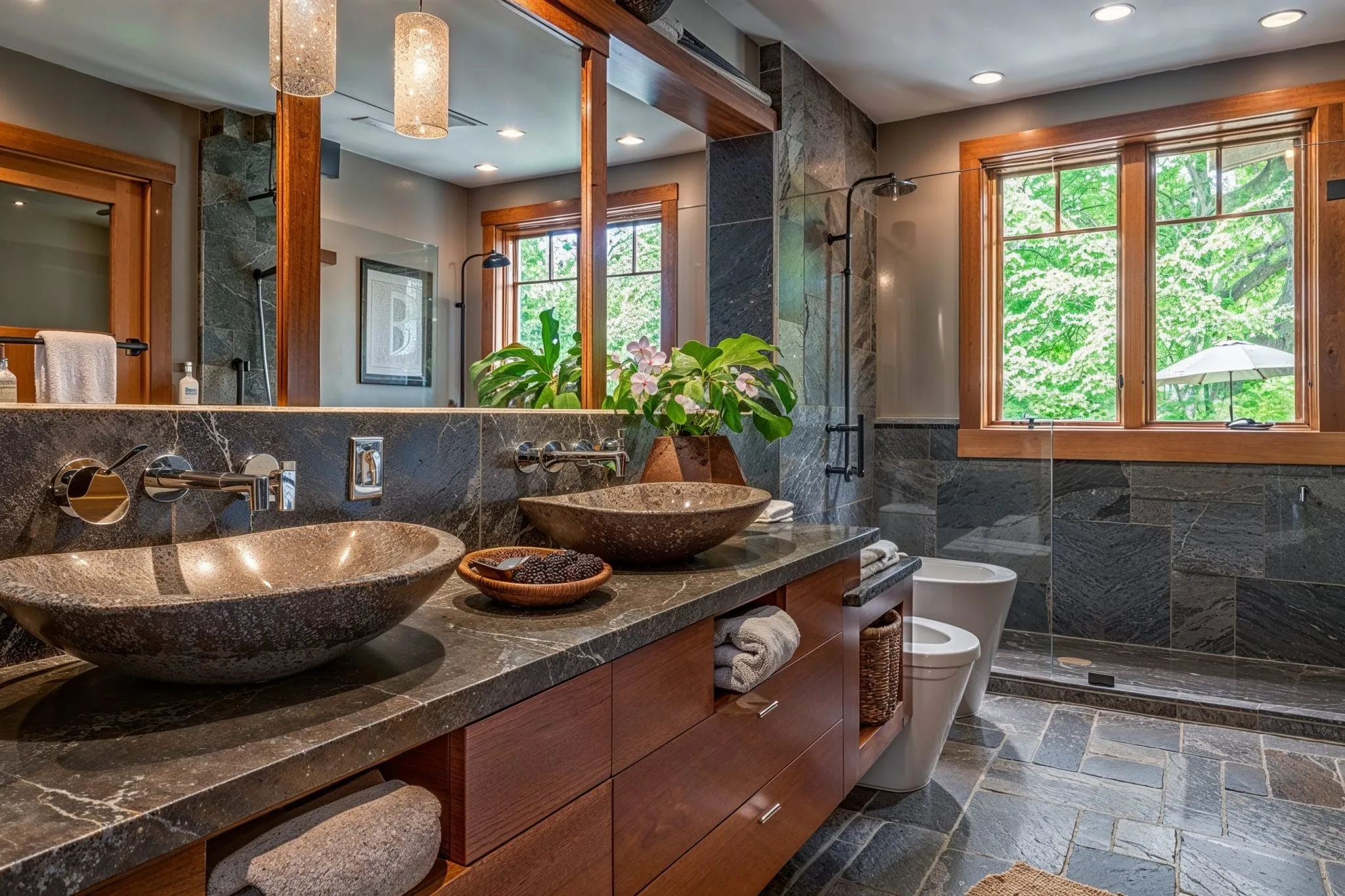 Completed stone bathroom with wood accents and glass shower